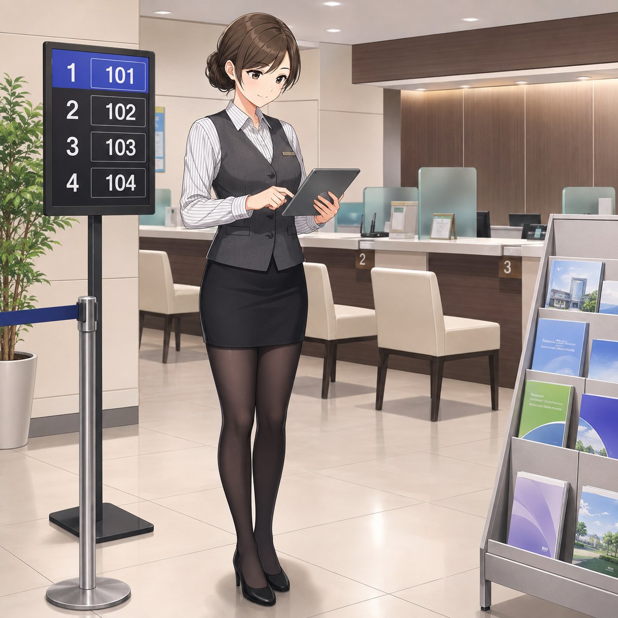 ベスト制服と黒いタイトミニスカートに黒パンストを合わせて順番を確認する銀行スタッフのアニメ調イラスト