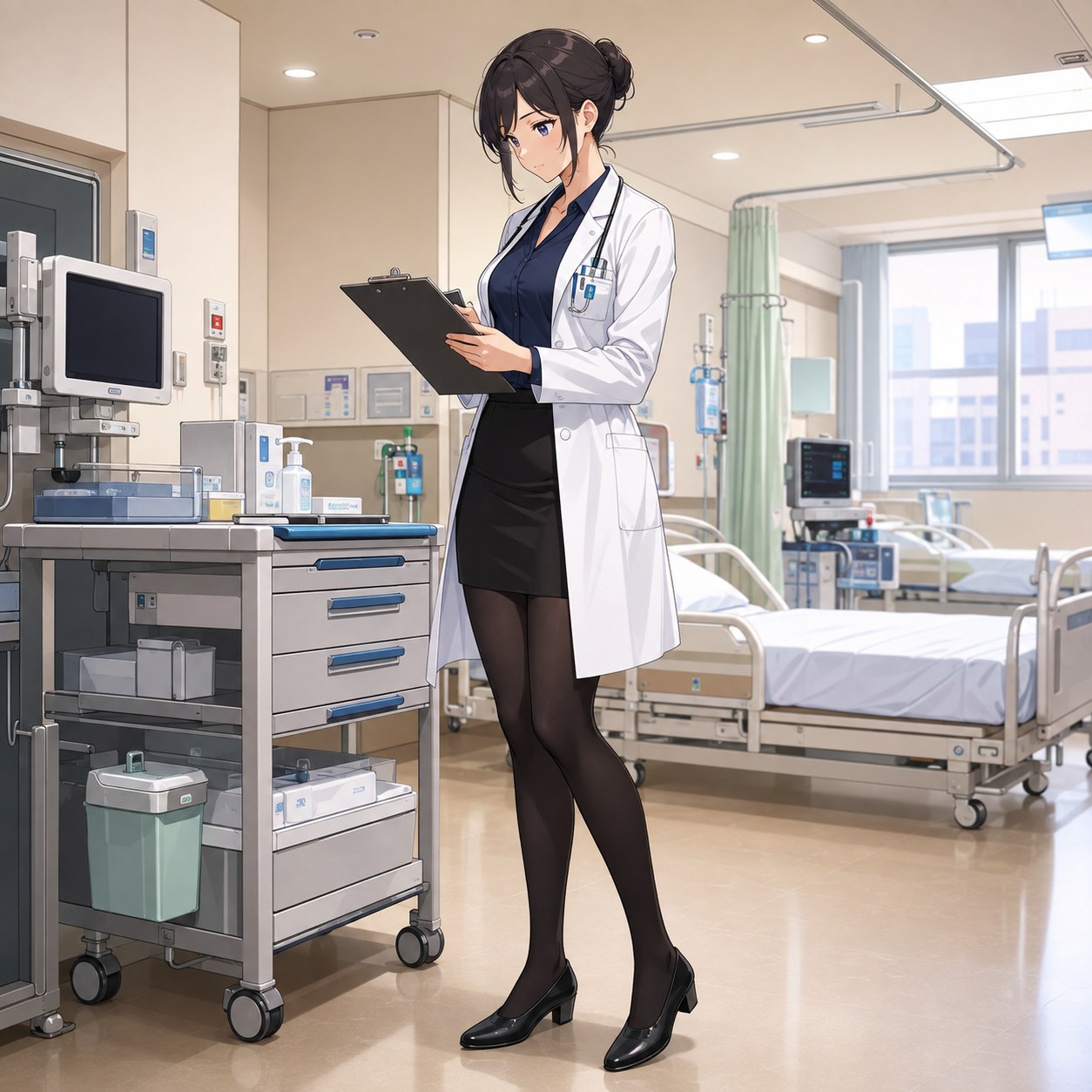 白衣と黒いスカートに黒パンストを合わせて病棟で記録を確認する女性医師のアニメ調イラスト