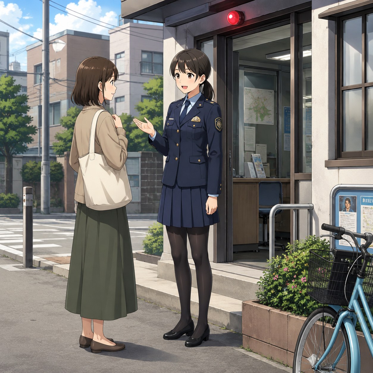 ネイビージャケットとプリーツスカートに黒パンストを合わせて住民に対応する女性警察官のアニメ調イラスト