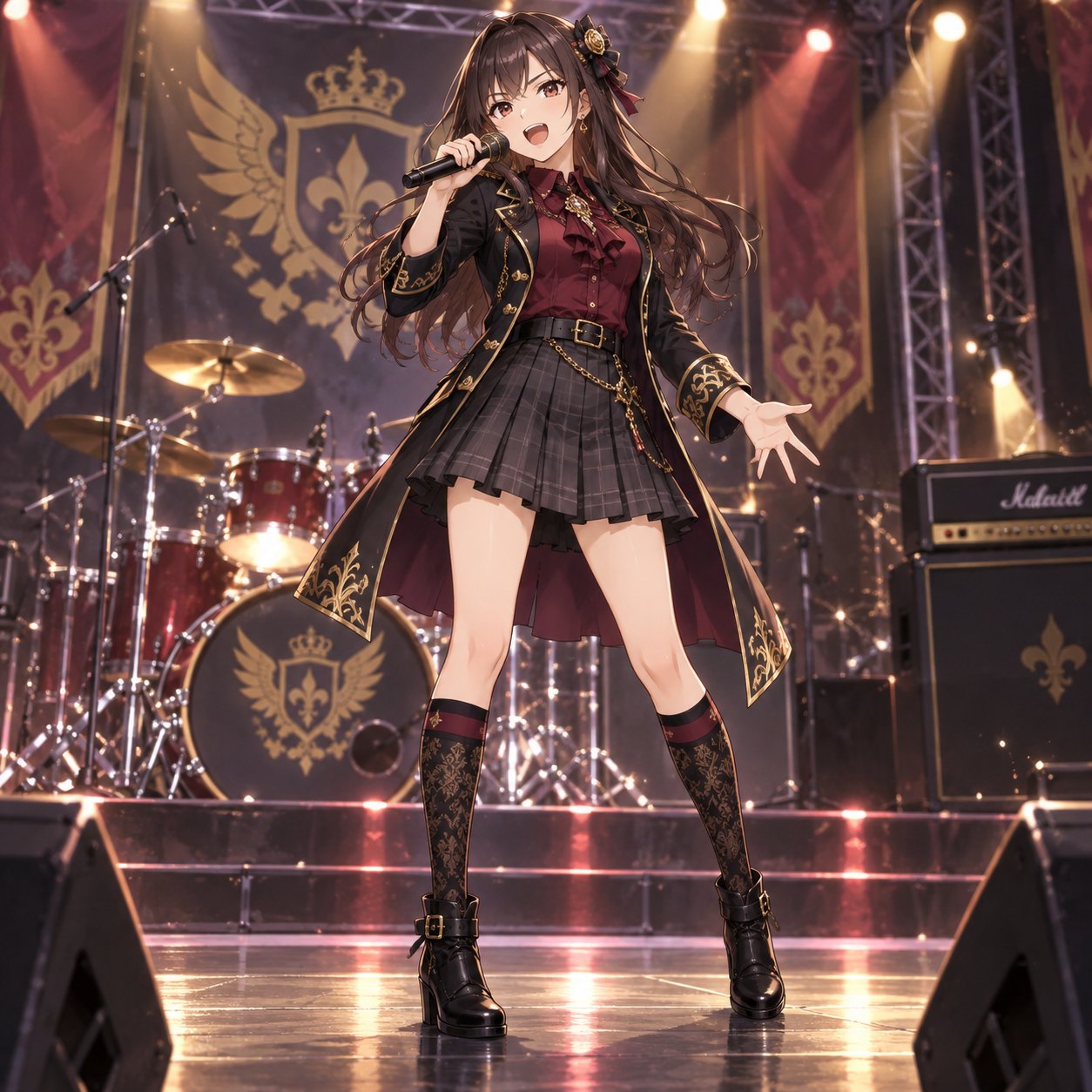 ブラックゴールドのステージコートと柄入りハイソックスのロック系アイドルのアニメ調イラスト