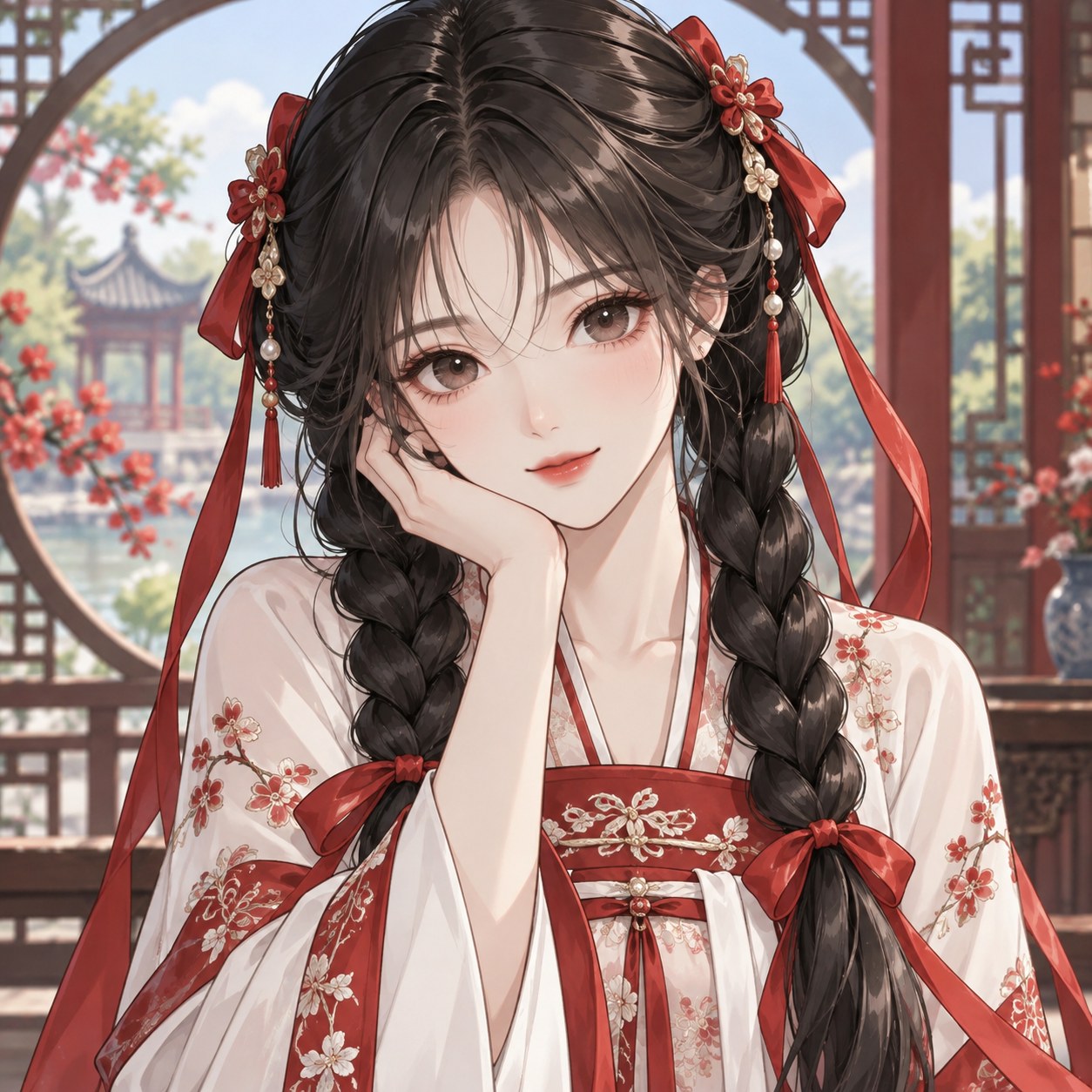 Chinese twin braids with ribbons