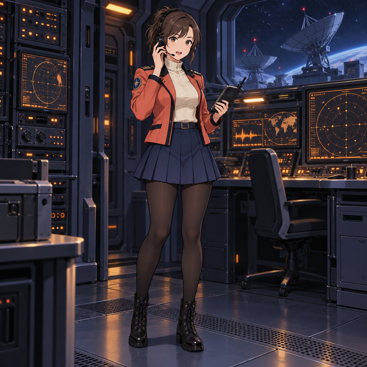 コーラル色のジャケットとヘッドセットで通信を行う宇宙船オペレーターのアニメ調イラスト