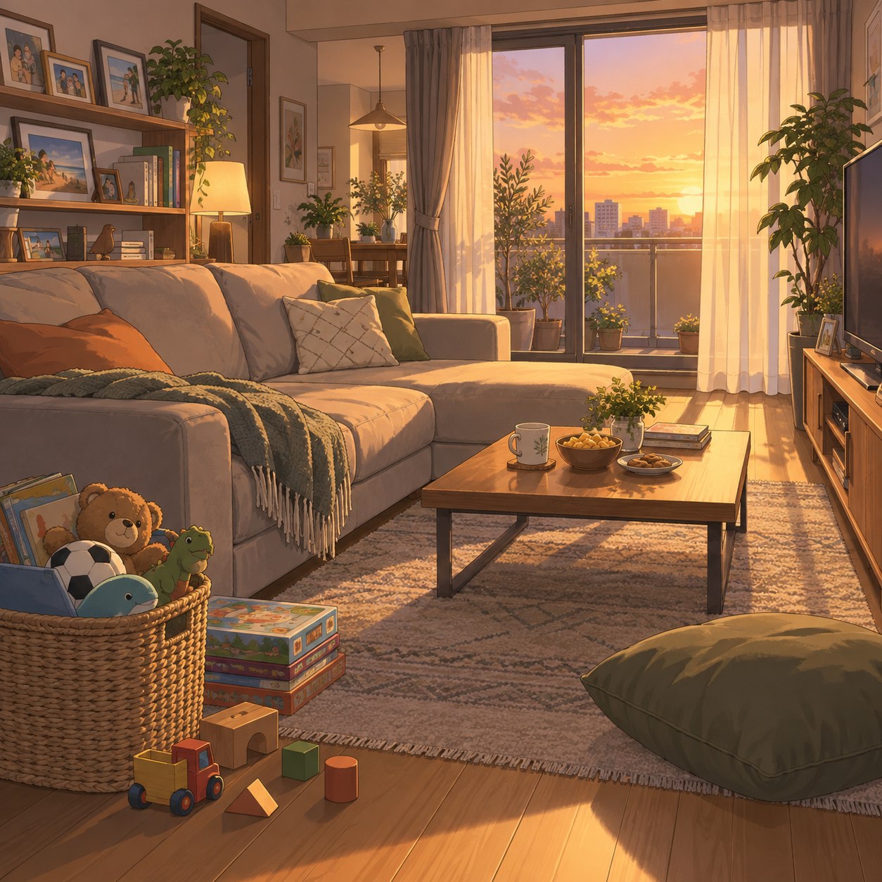 夕日に染まる家族のリビング背景