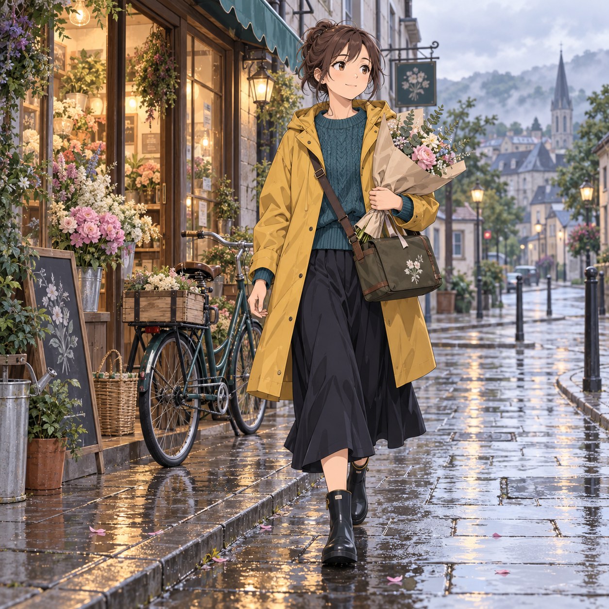 レインコートとニットで花束を配達するスタッフのアニメ調イラスト