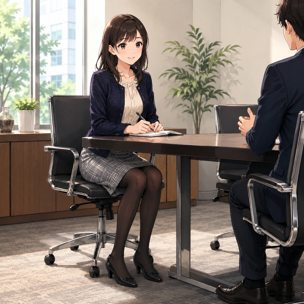 ネイビーのニットジャケットとチェック柄スカートで商談メモを取る営業職OLのアニメ調イラスト