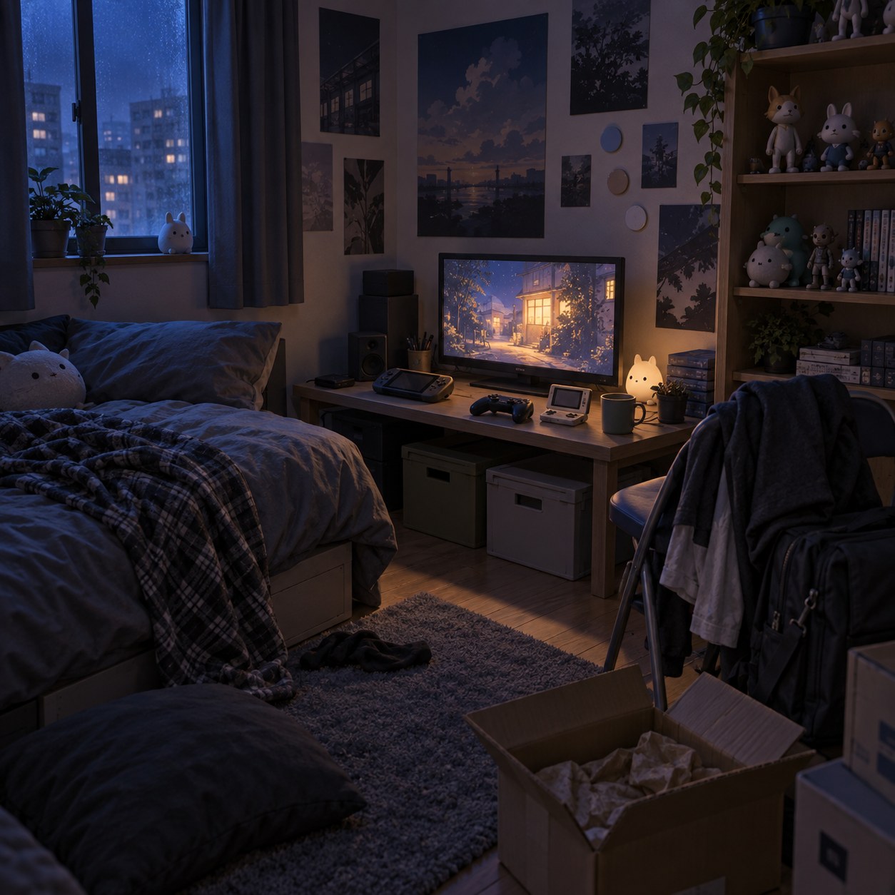 夜のゲーム機まわりを照らす趣味部屋の背景