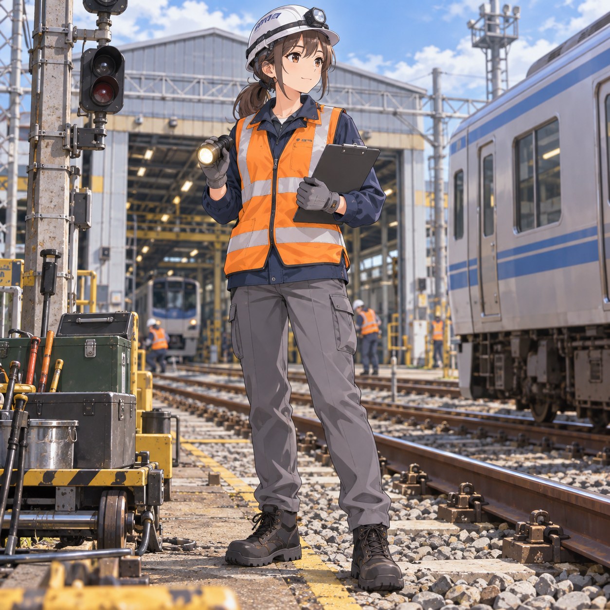 オレンジの安全ベストとカーゴパンツで線路を点検する女性保守スタッフのアニメ調イラスト