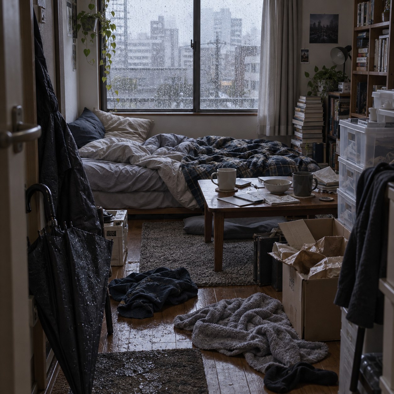 雨具と濡れた衣類が残る布団中心の汚部屋背景