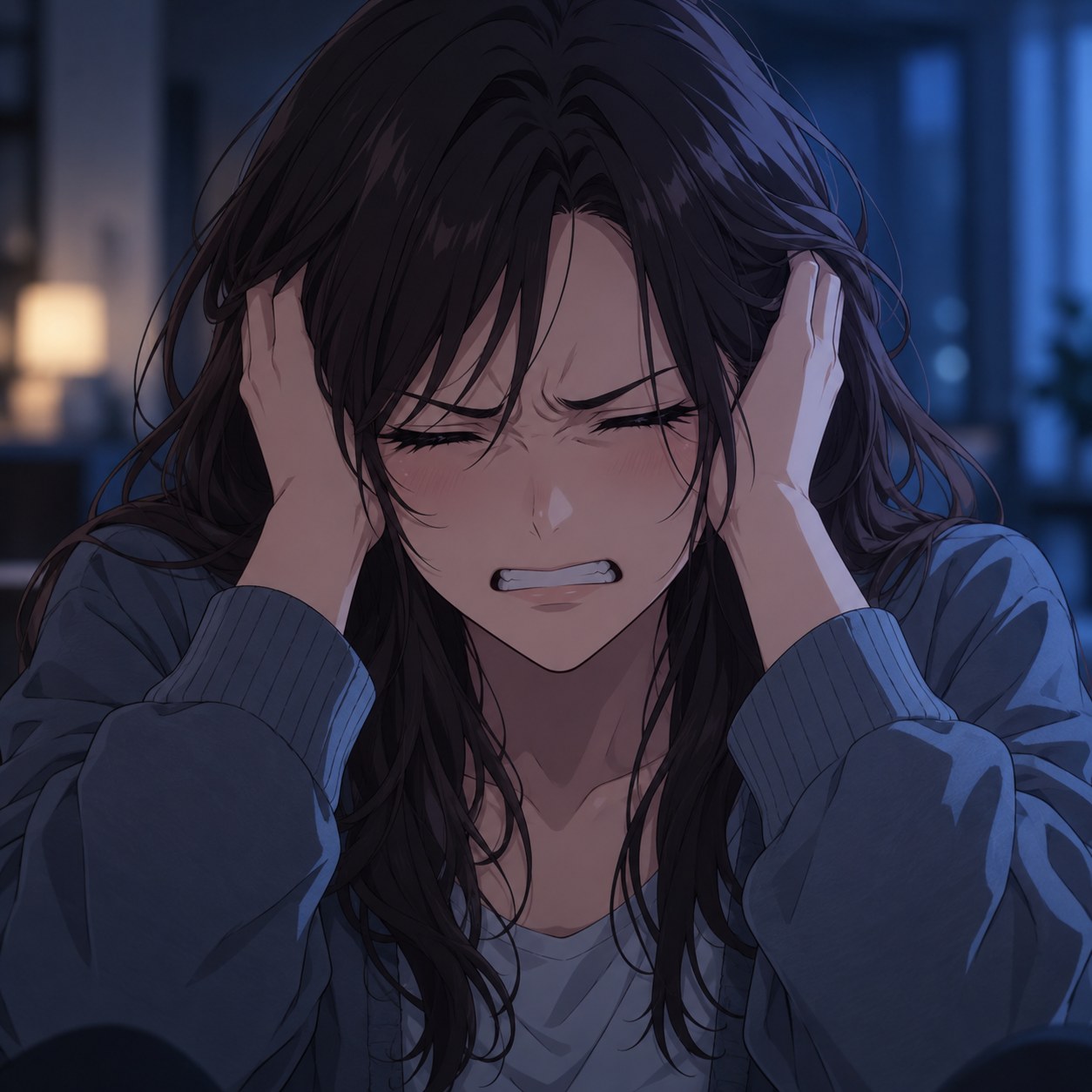耳をふさいで現実を拒む表情