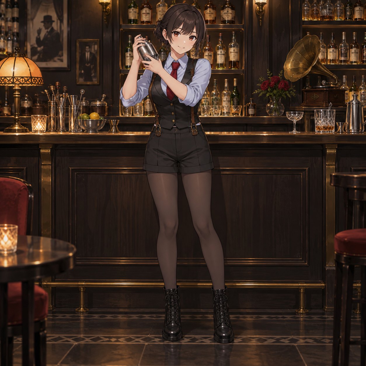サスペンダーベストとショートパンツでシェイカーを振る女性バーテンダーのアニメ調イラスト