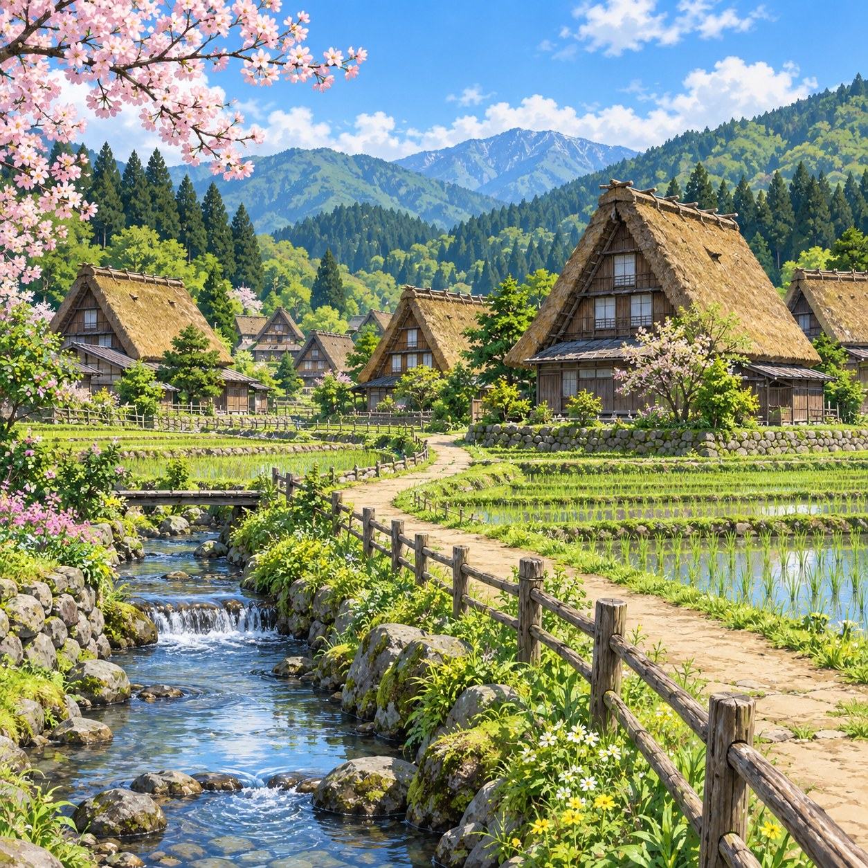 茅葺き屋根の集落のアニメ背景