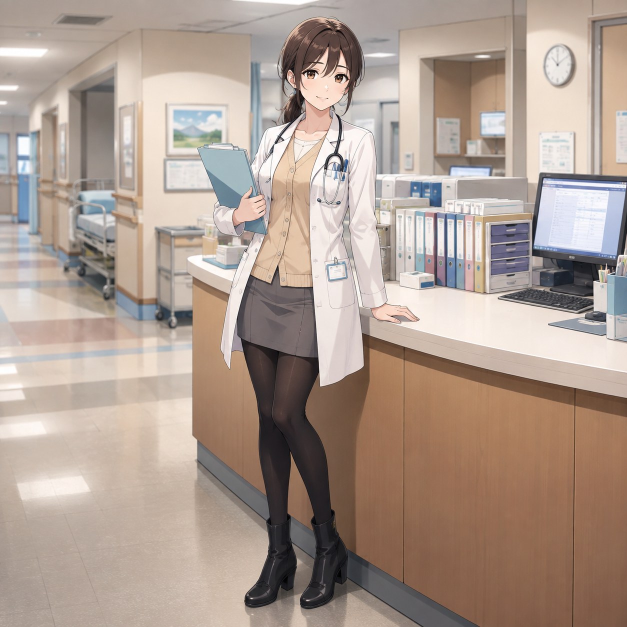 白衣とグレースカートに黒パンストを合わせてナースステーションで書類を整理する女性医師のアニメ調イラスト