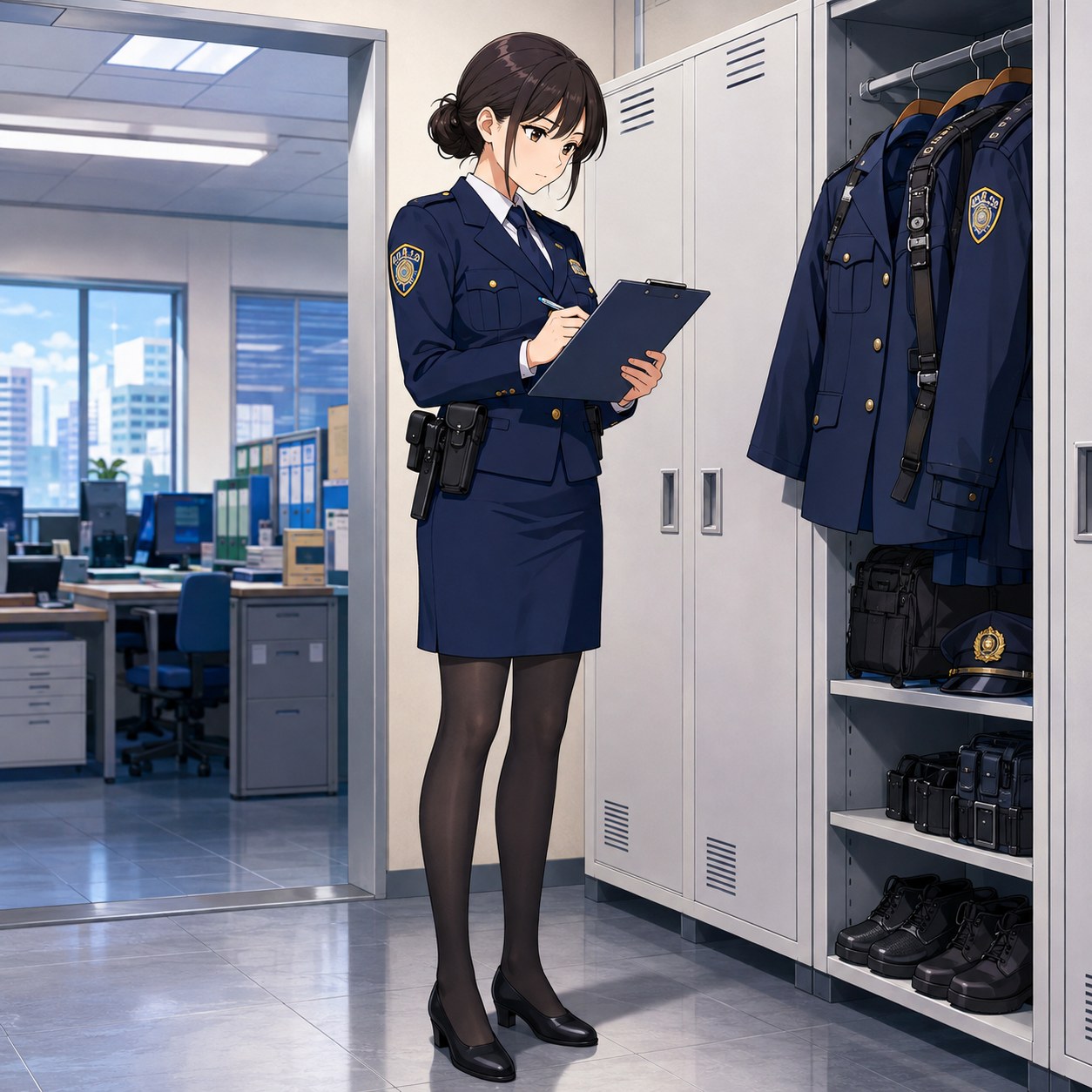 スカート制服と黒パンストで装備を確認する女性警察官のアニメ調イラスト