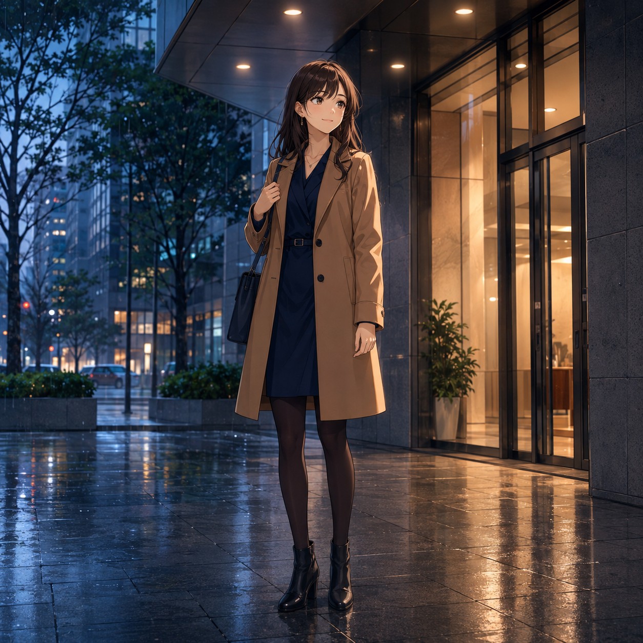 キャメル色のコートとネイビーのオフィスワンピースで夕方の訪問をする営業職OLのアニメ調イラスト