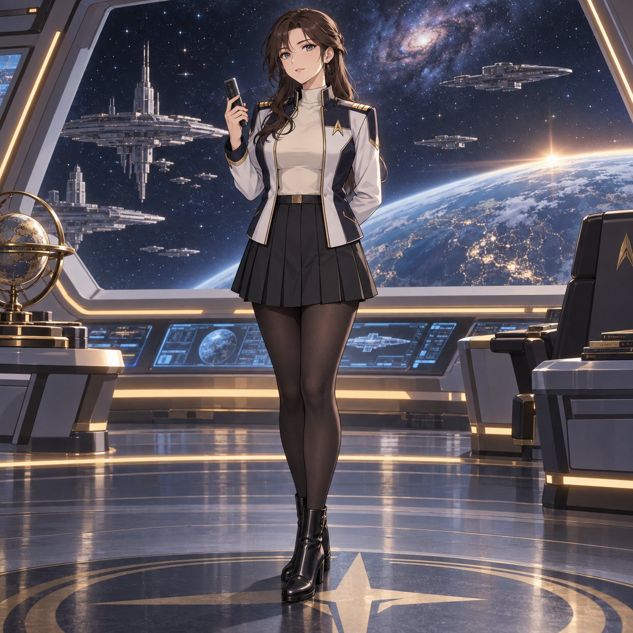 白とネイビーのカラージャケットで通信端末を持つ宇宙船船長のアニメ調イラスト