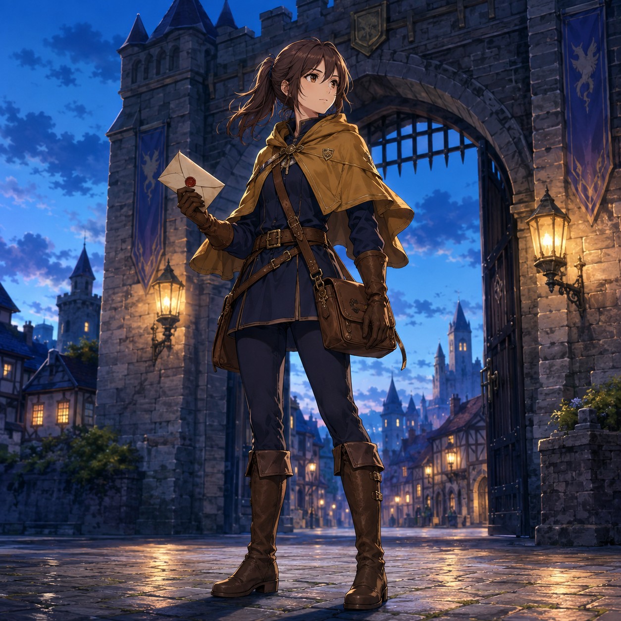 ショートケープとサッチェルを身につけて城門に立つファンタジー伝令のアニメ調イラスト