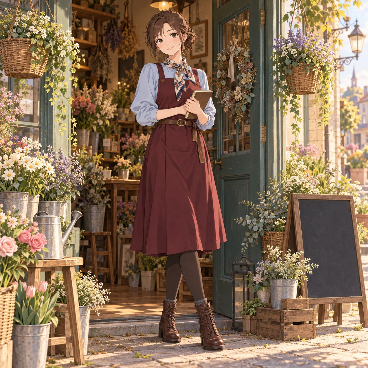 ピナフォアドレスとスカーフで花屋を営む店主のアニメ調イラスト