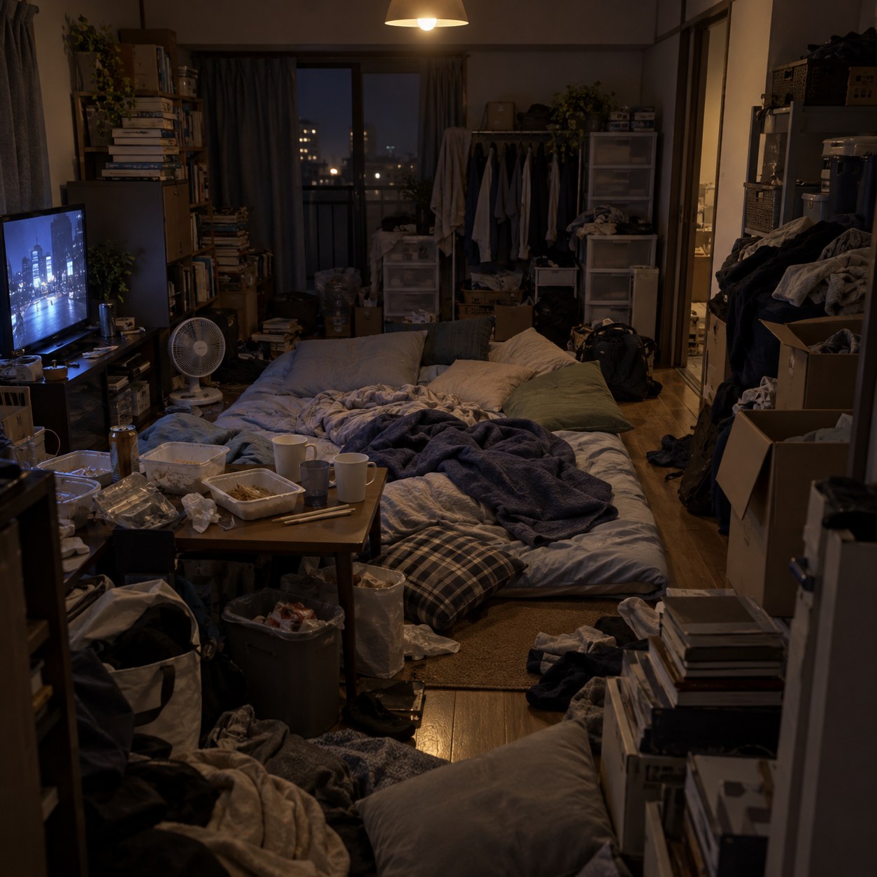 食べ終わった容器が残る深夜の汚部屋背景