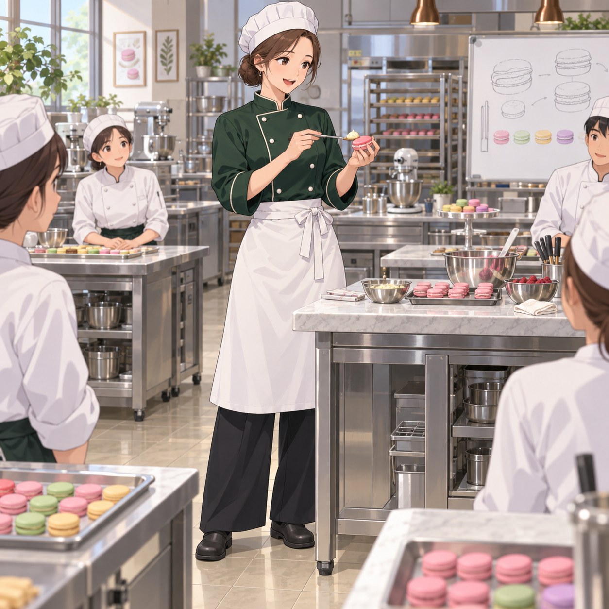 グリーンのコックジャケットと白いエプロンでマカロン作りを教える女性講師のアニメ調イラスト