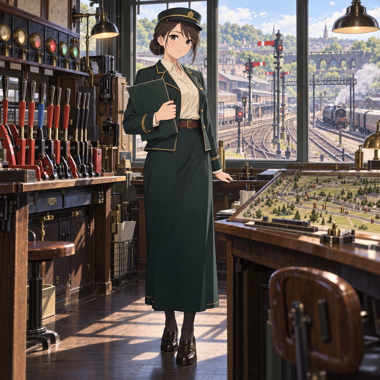 グリーンの制服で信号扱所を管理する女性鉄道オペレーターのアニメ調イラスト