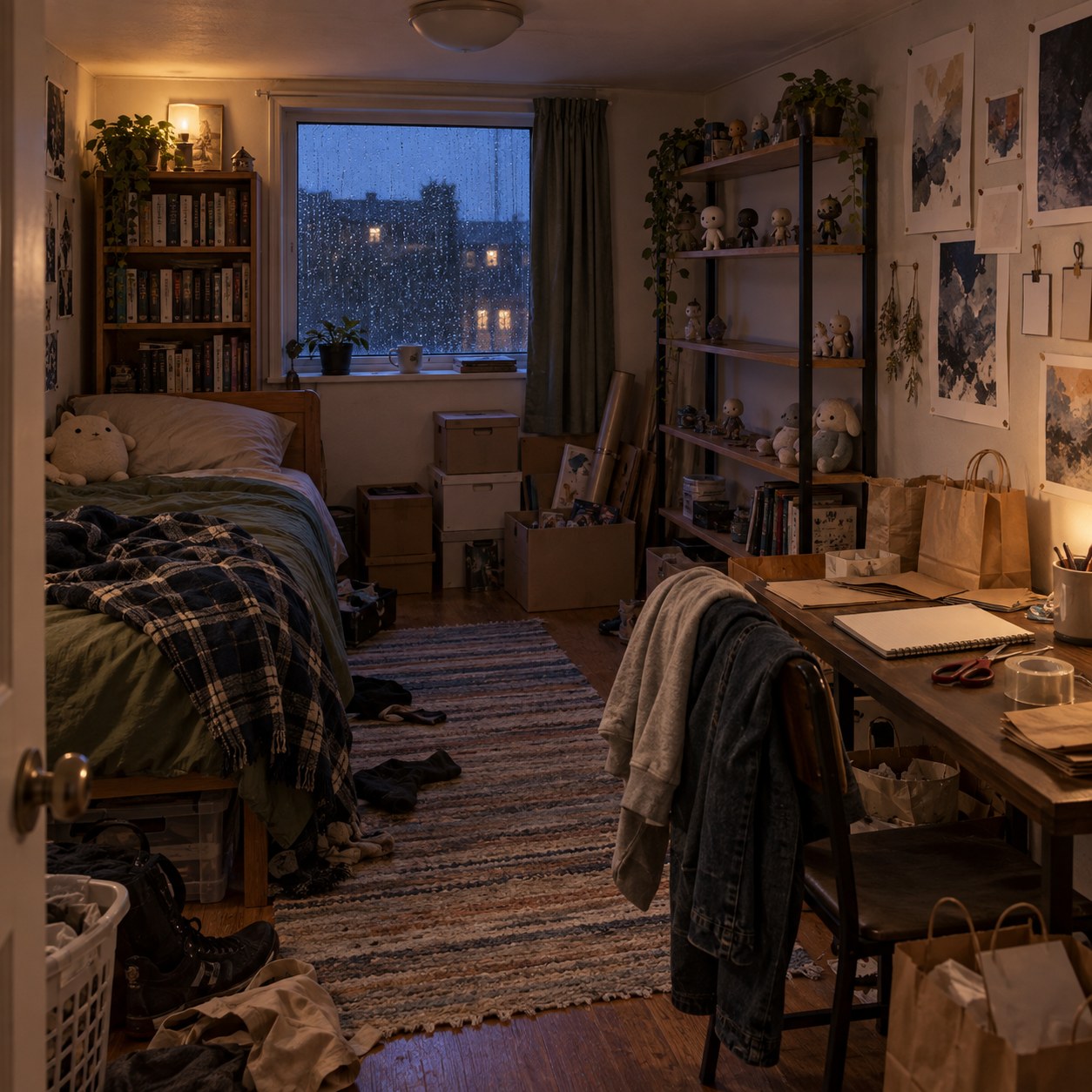雨の日の散らかった趣味部屋の背景