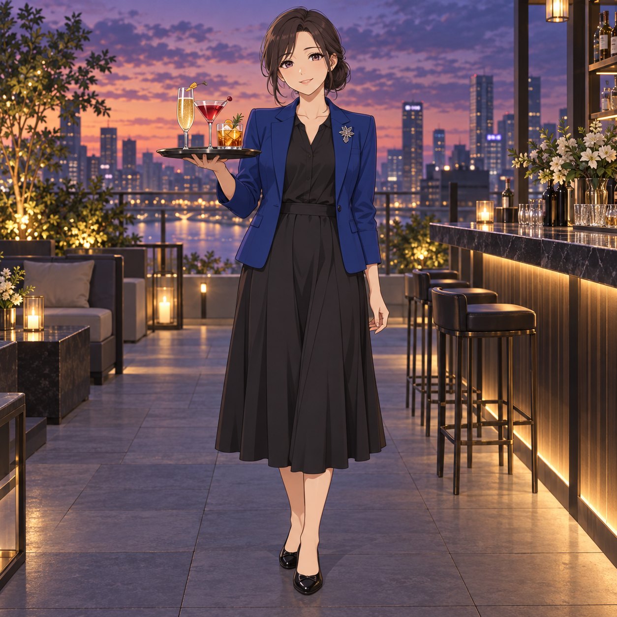 青いブレザーとロングスカートでドリンクを運ぶ女性バーテンダーのアニメ調イラスト