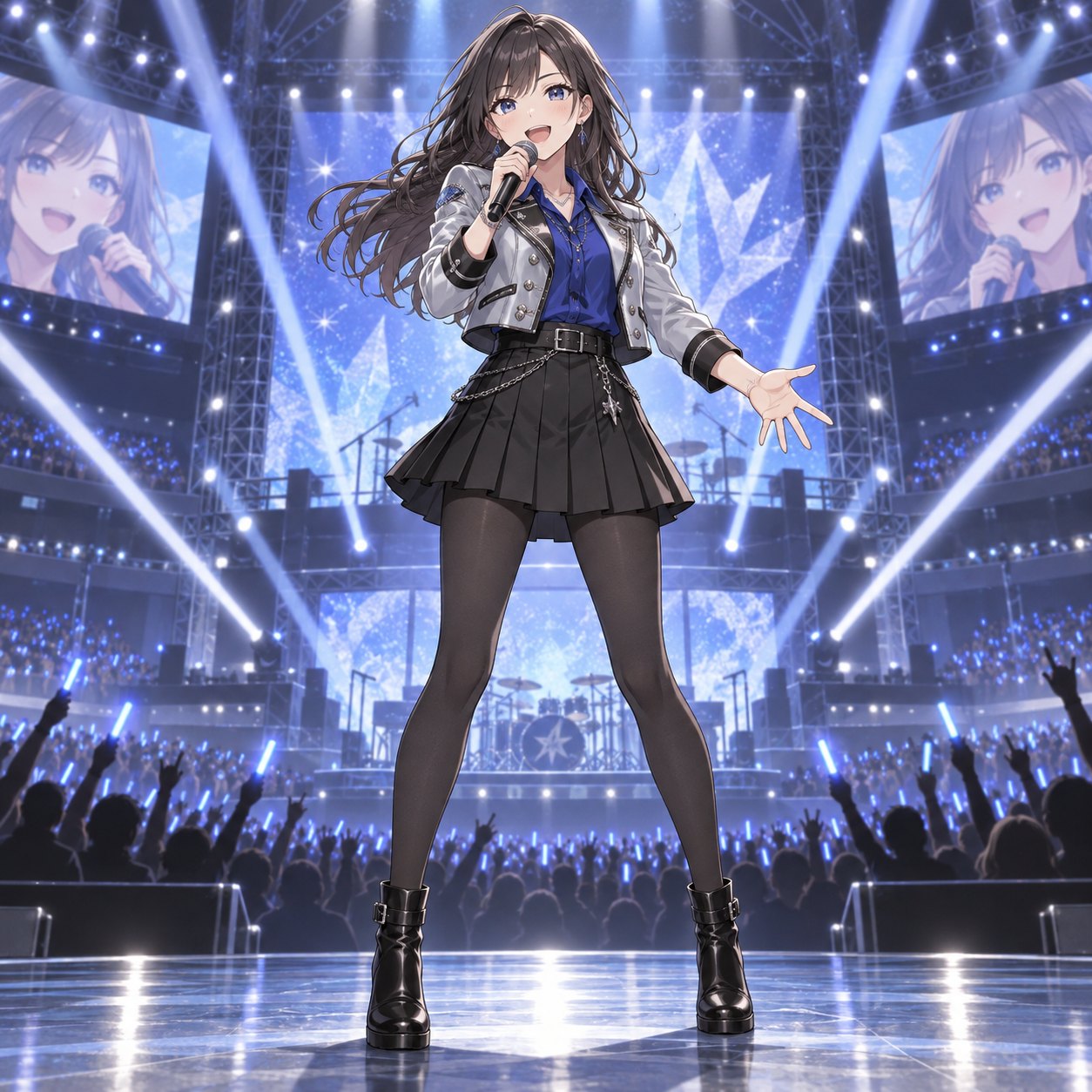 シルバーとブルーのジャケットで大きな会場に立つロック系アイドルのアニメ調イラスト