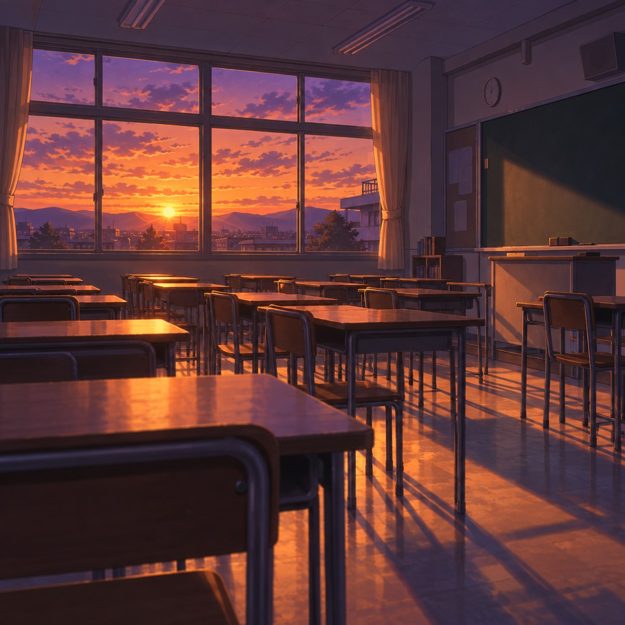 夕暮れの無人教室のアニメ背景