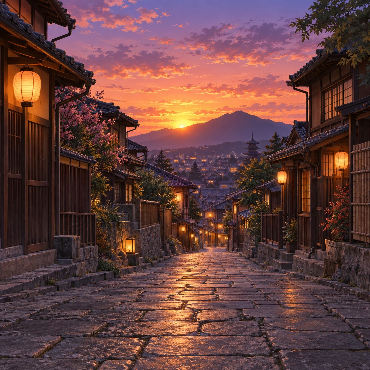 夕暮れの石畳のアニメ背景