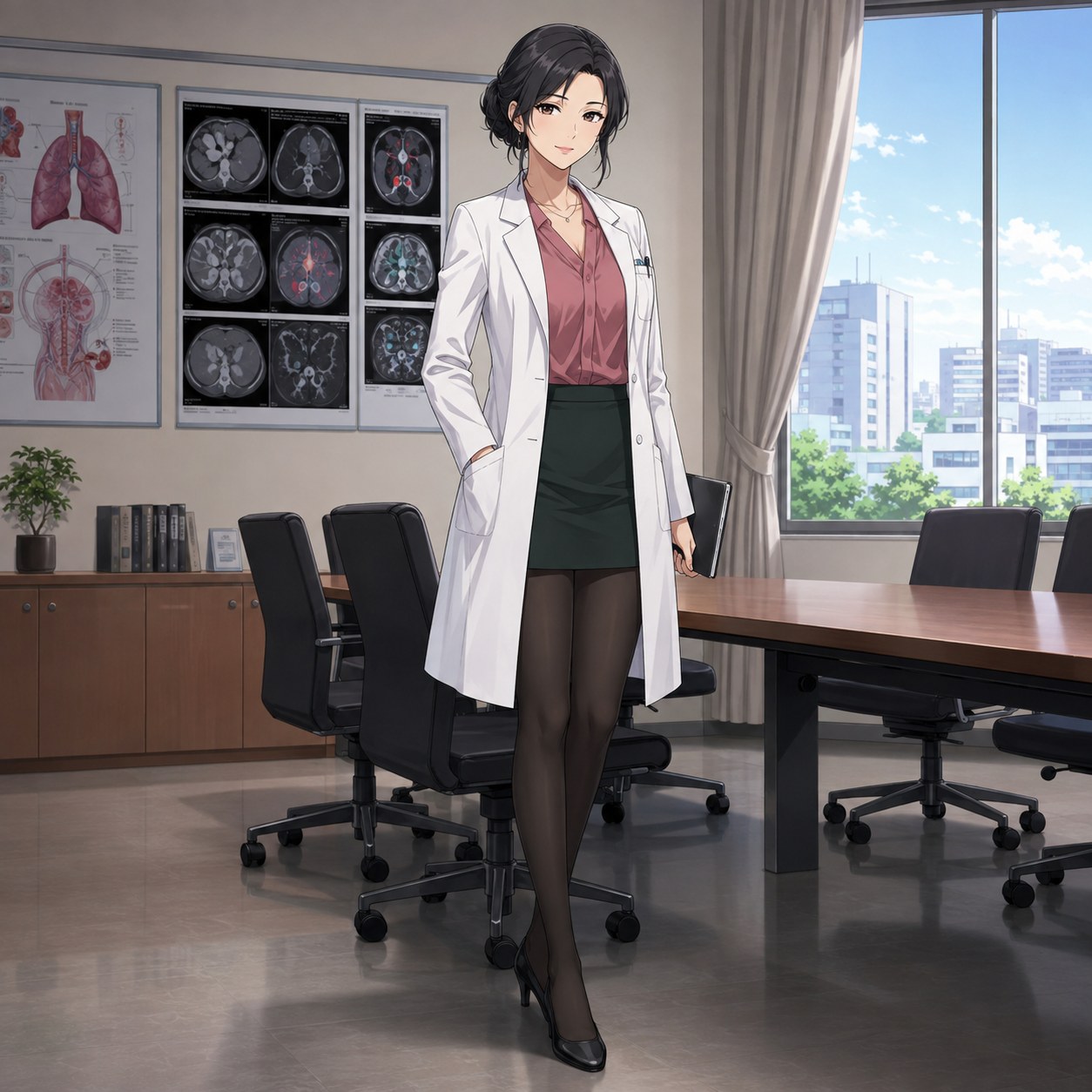 白衣と深緑スカートに黒パンストを合わせて会議室で説明する女性医師のアニメ調イラスト