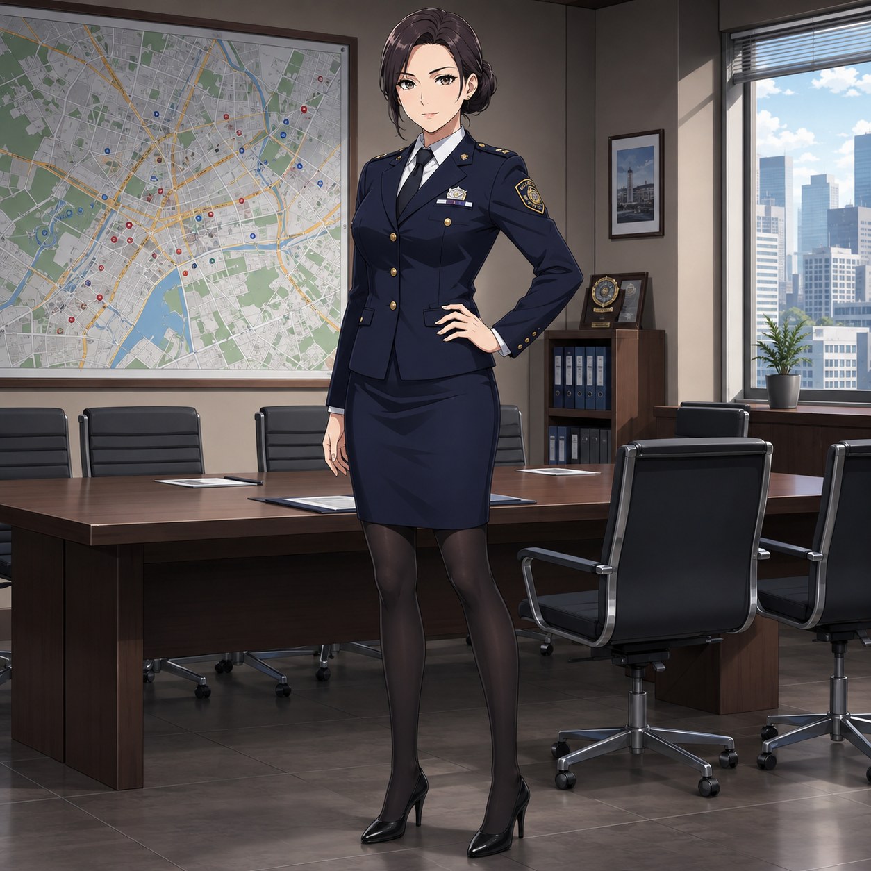 ネイビージャケットとタイトスカートに黒パンストを合わせて会議室で説明する女性警察官のアニメ調イラスト