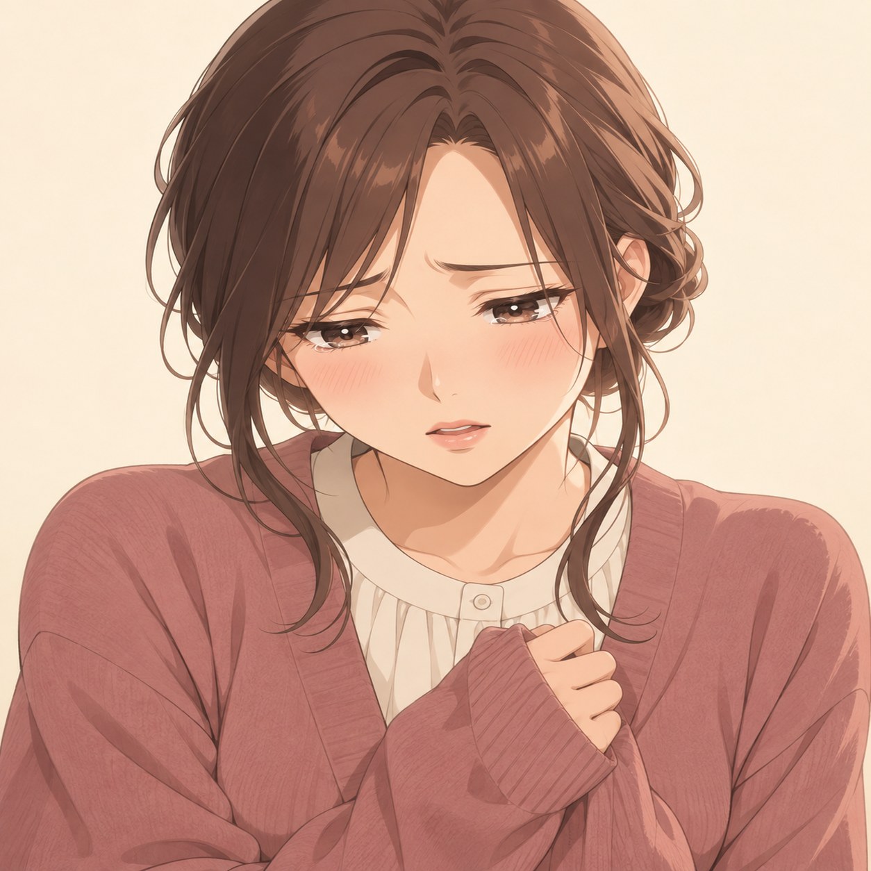 涙をこらえながら謝ろうとするアニメ風女性