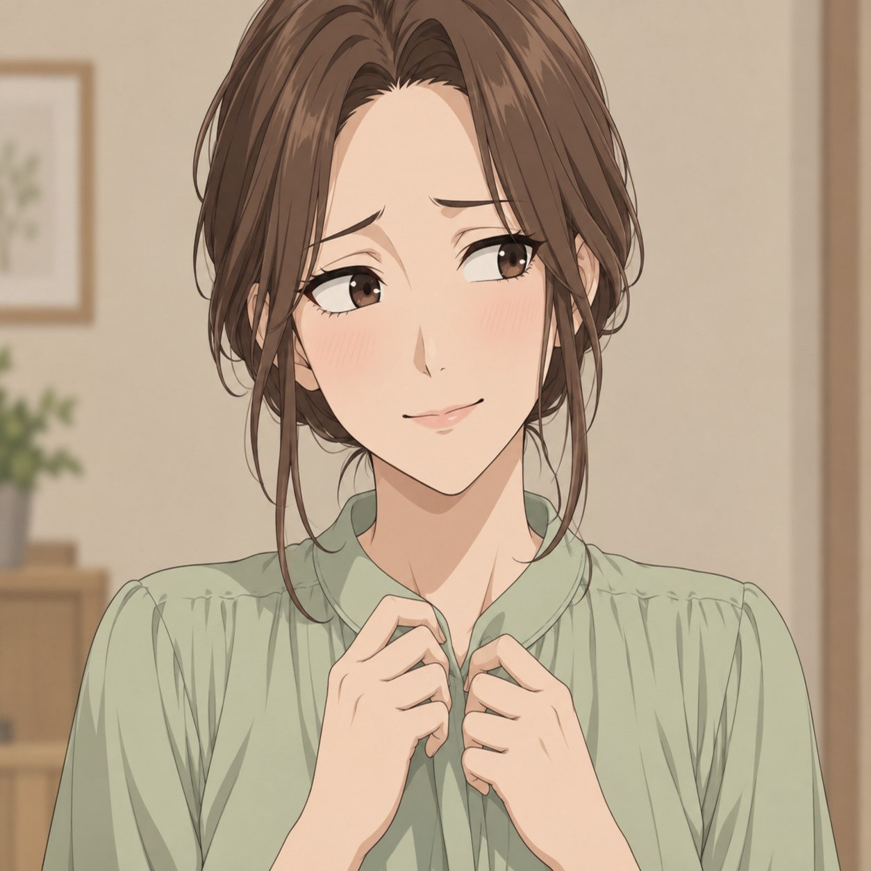 平静を装いながら視線をそらすアニメ風女性