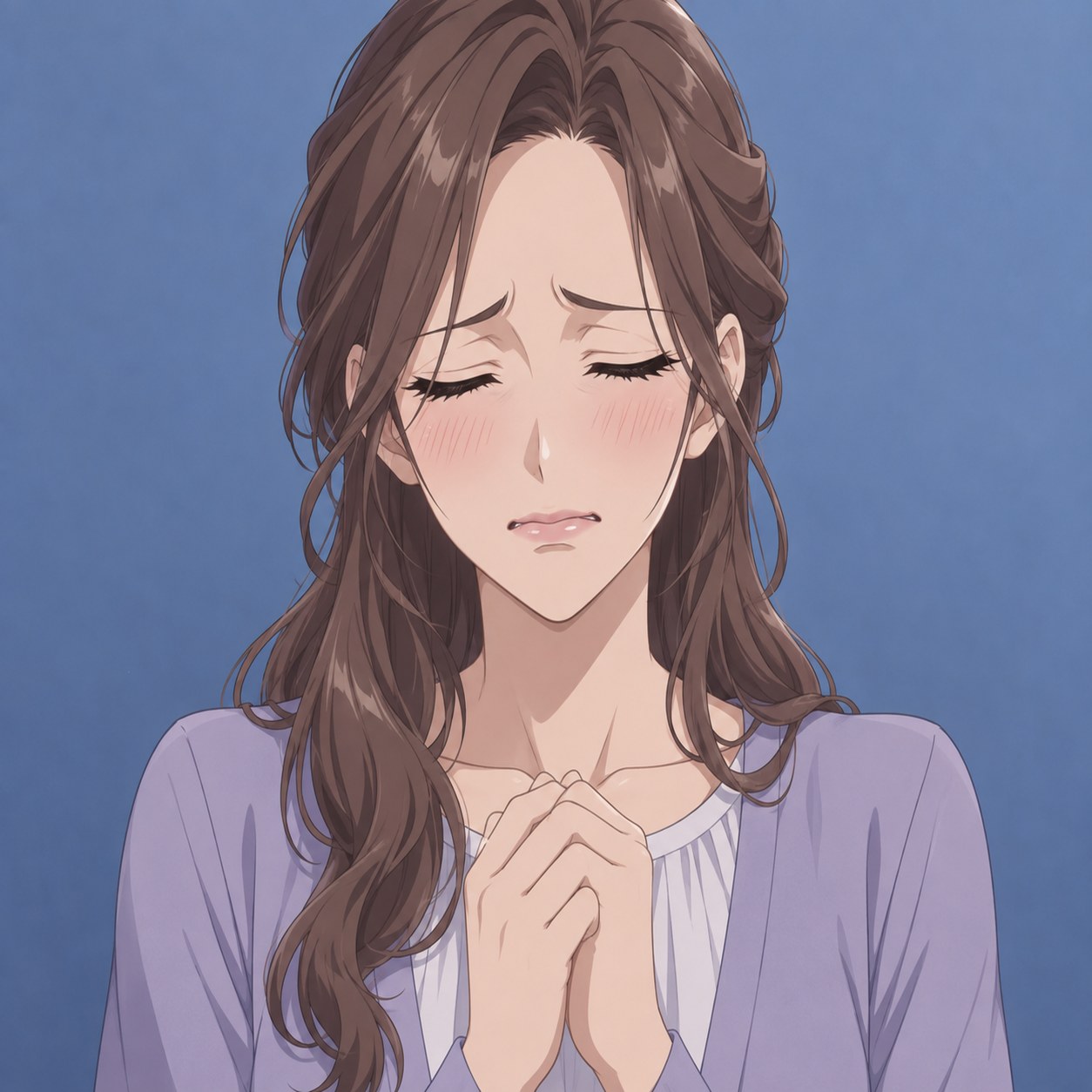 誰かを傷つけたことを悔やみ目を閉じるアニメ風女性