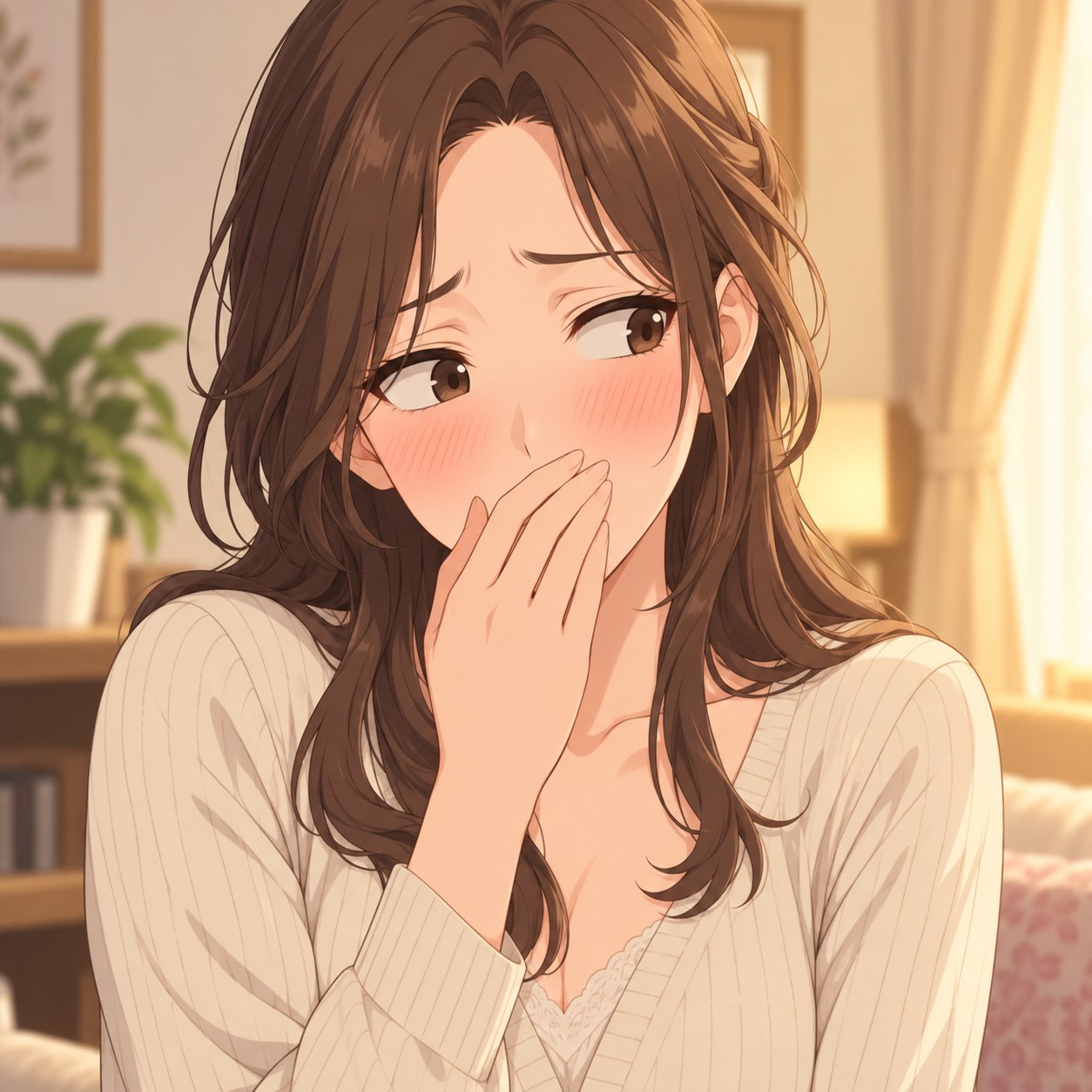 罪悪感を見抜かれて頬を赤らめるアニメ風女性
