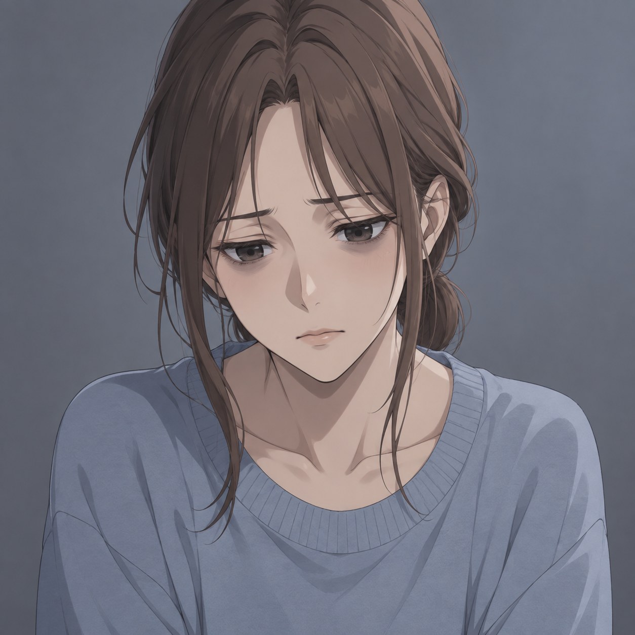 伏し目で自分を責める無言の後悔を示すアニメ風女性