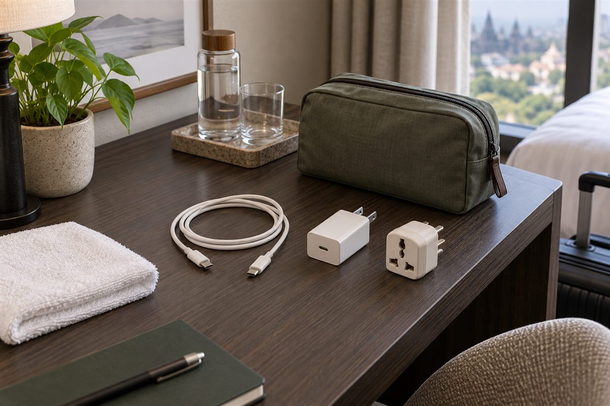 ホテルの机にUSB-Cケーブルと電源アダプターと変換プラグを整理した様子