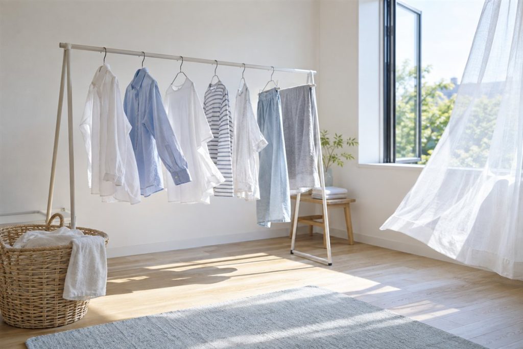 Laundry drying indoors in a bright ventilated room