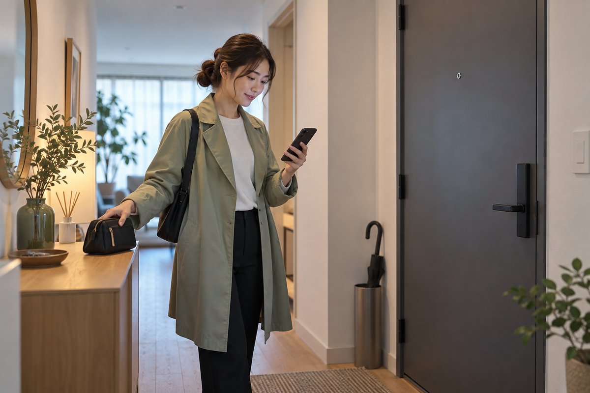外出前にスマートフォンを確認する玄関の生活シーン