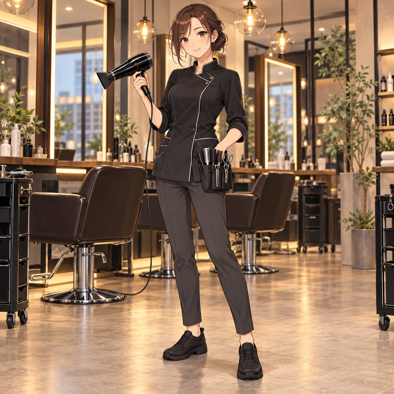 黒いサロンジャケットの都会派ヘアスタイリスト