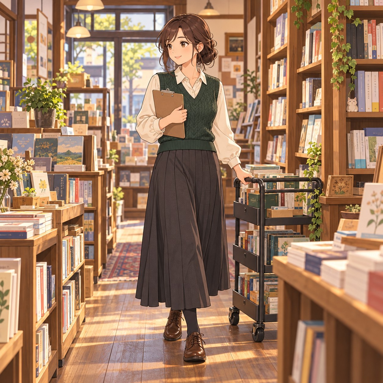 グリーンベストで棚を整理する本屋スタッフ