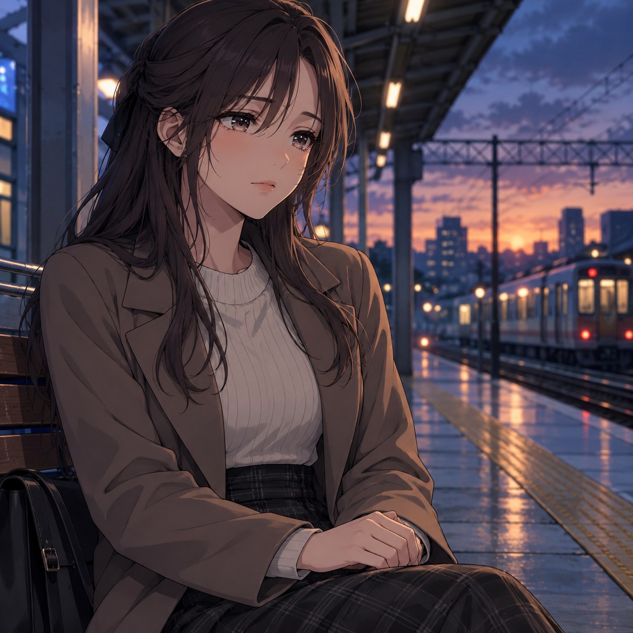 悲しみを隠して無表情を保つ成人女性のアニメ調表情