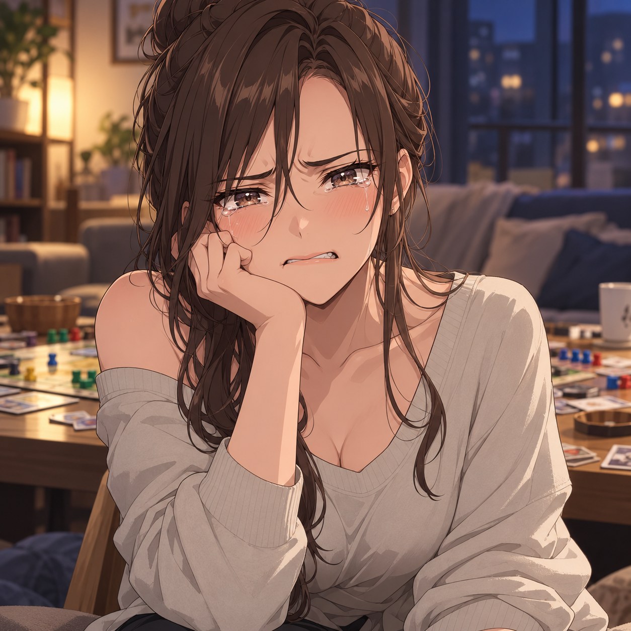 涙をこらえながら悔しさを浮かべる成人女性のアニメ調表情