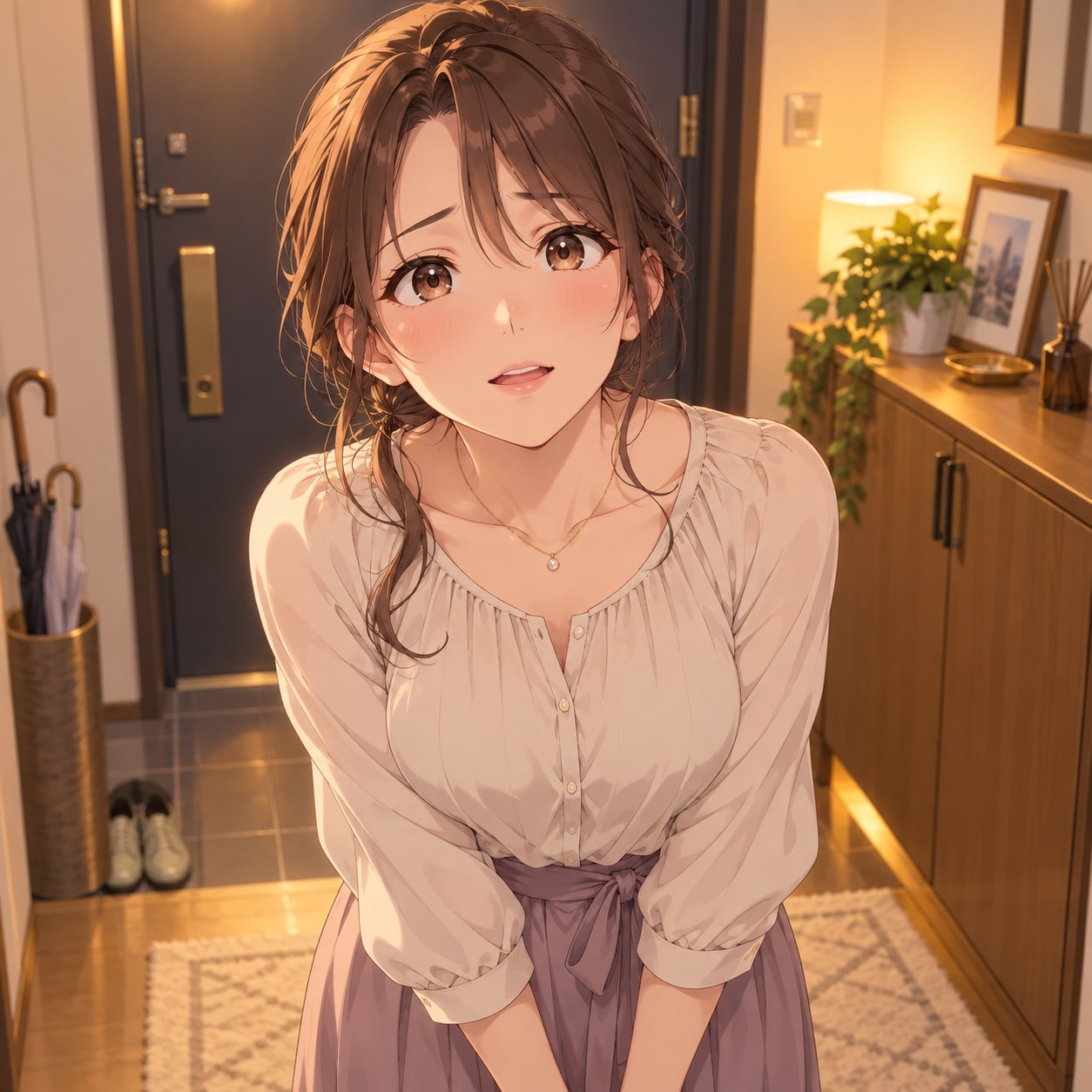 わずかに開いた唇で待つ成人女性のアニメ調表情