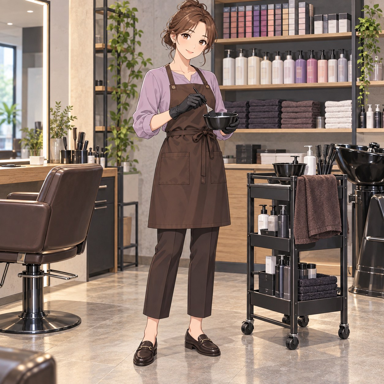 ラベンダーブラウスとブラウンエプロンのカラリスト