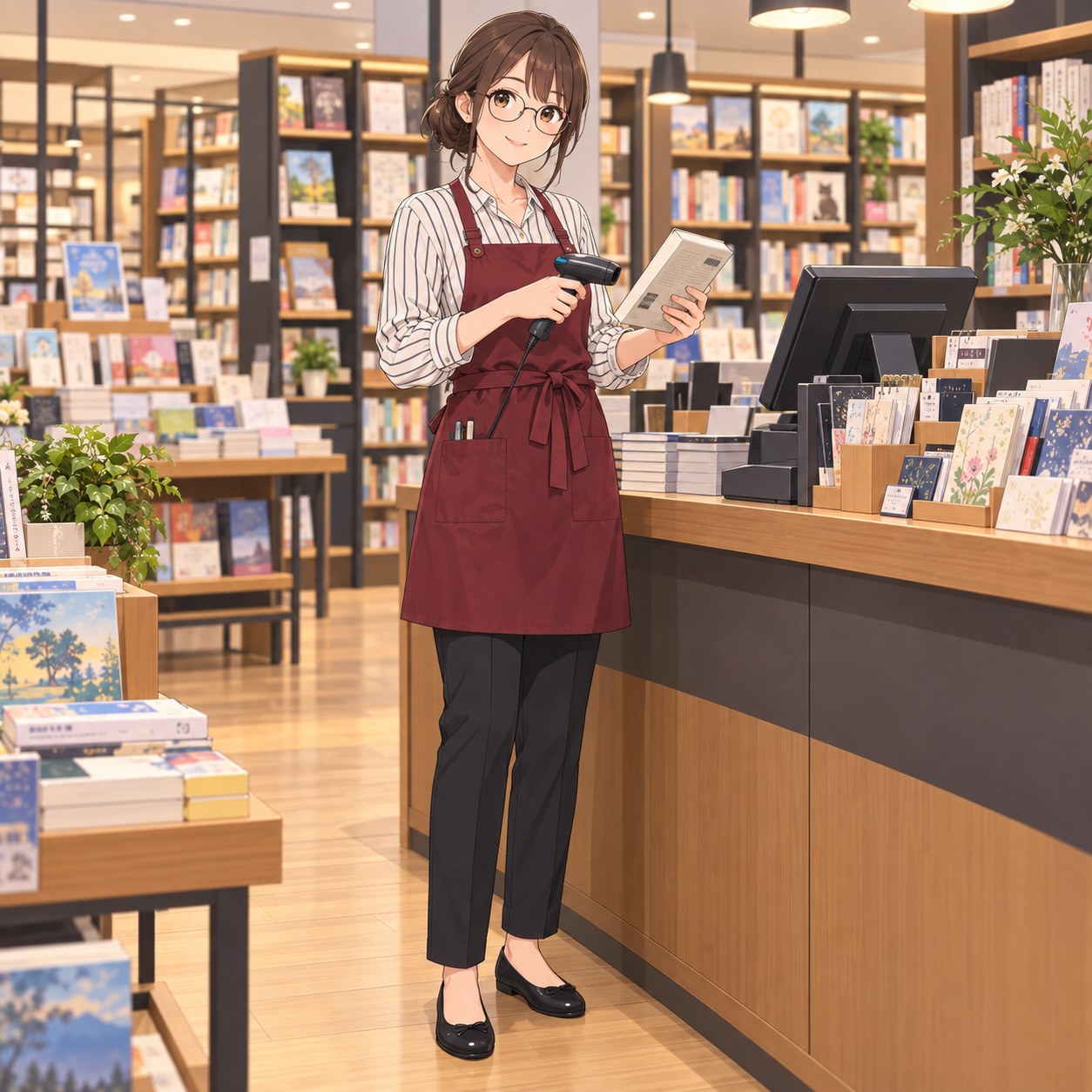バーガンディエプロンのレジ担当書店員