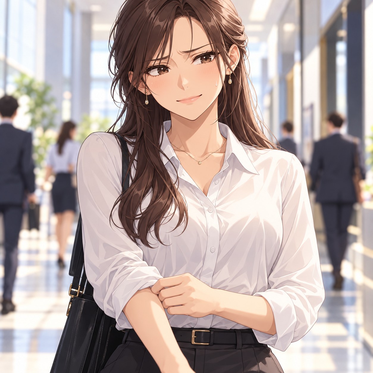 悔しさを隠して平静を装う成人女性のアニメ調表情
