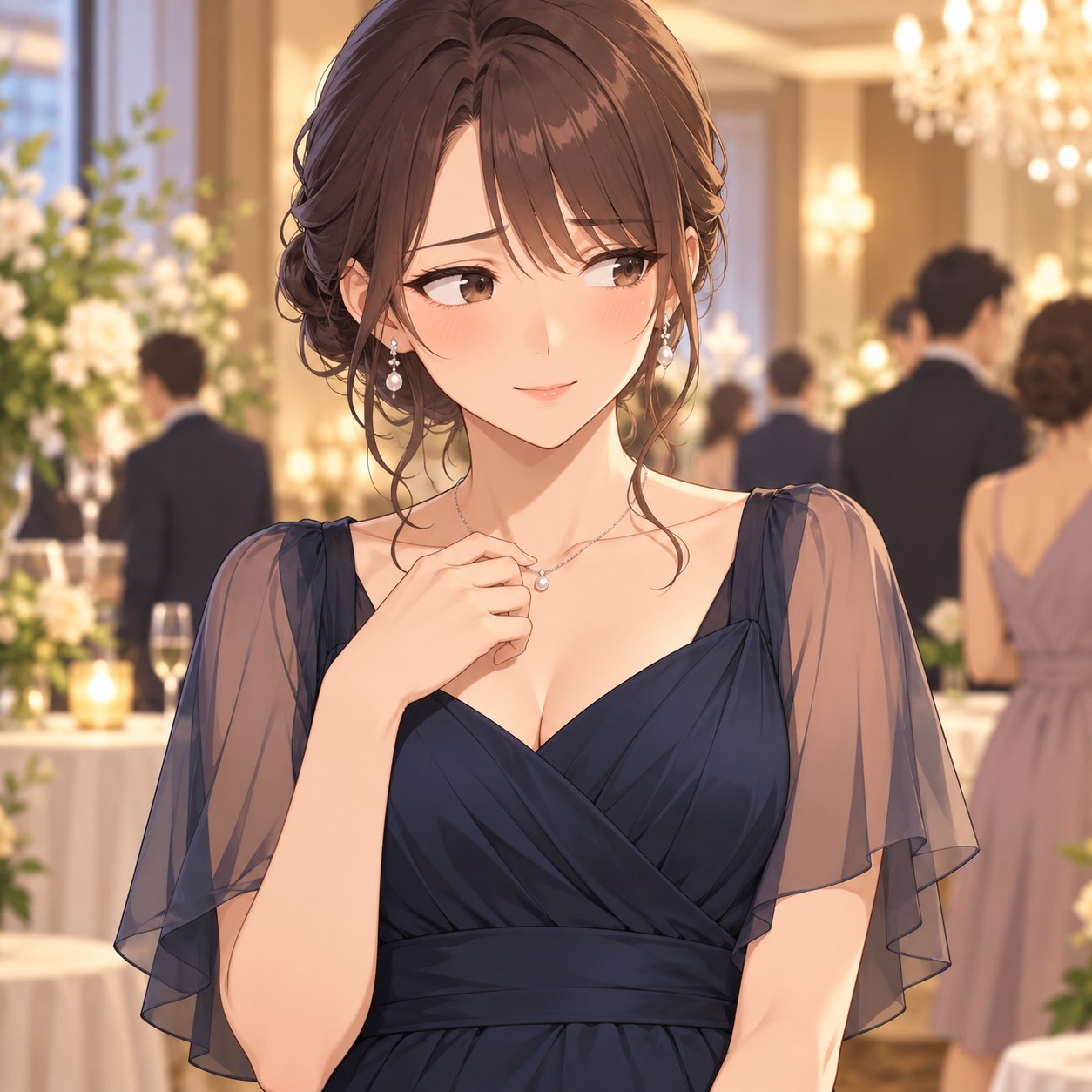 照れを隠して平静を装う成人女性のアニメ調表情