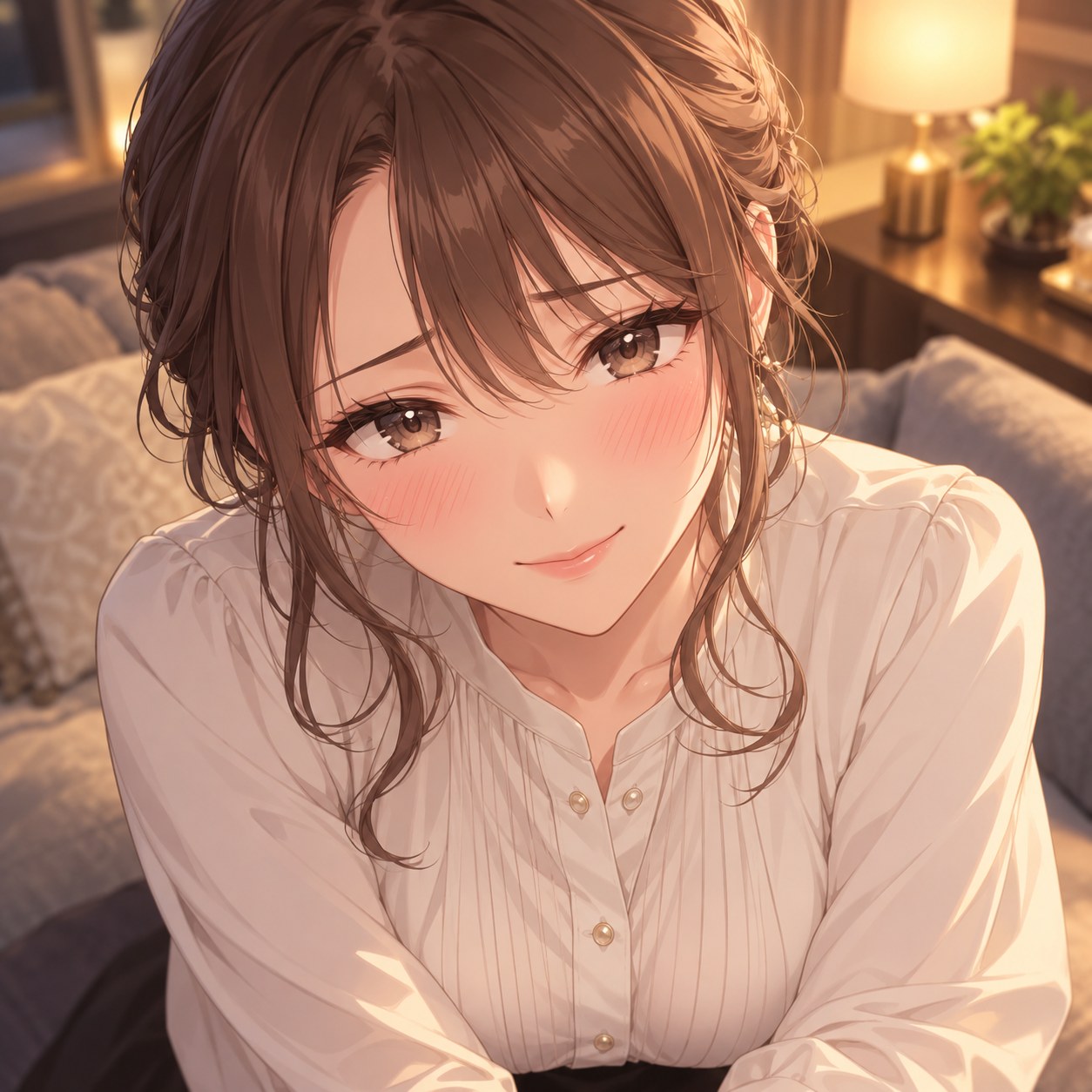控えめな上目遣いで頼る成人女性のアニメ調表情