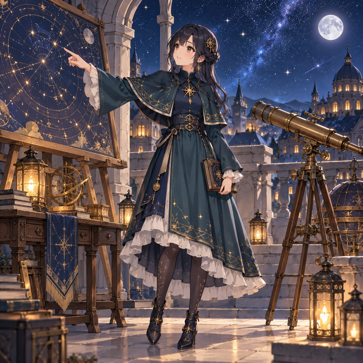 天体観測をするティール色の星読み師の衣装